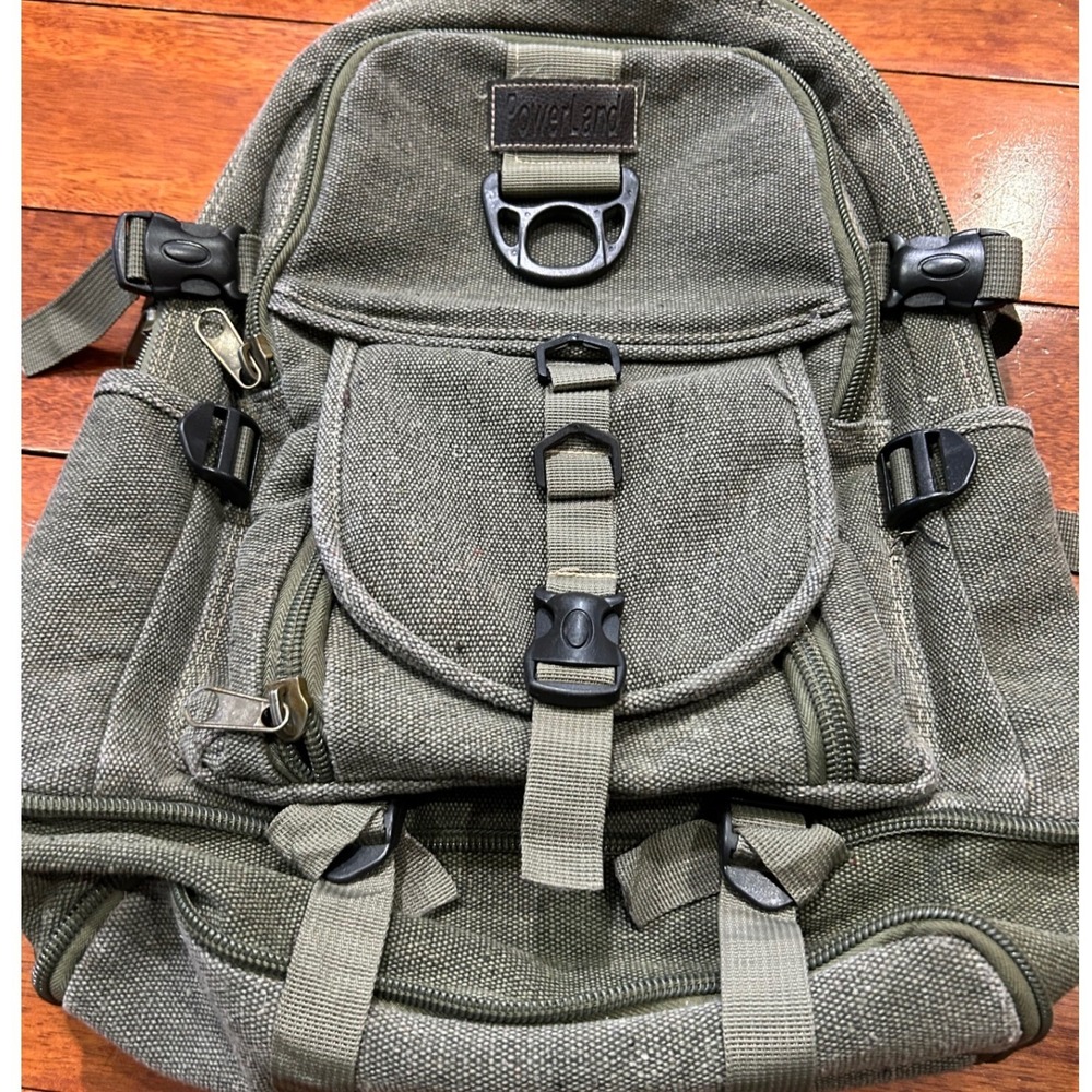 PowerLand Backpack Green Canvas Tactical Multi-Pocket Rucksack Streetwear Rugged
